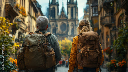 A senior couple exploring a historic city, looking up at a grand cathedral, with cobblestone streets and old-world architecture surrounding them,