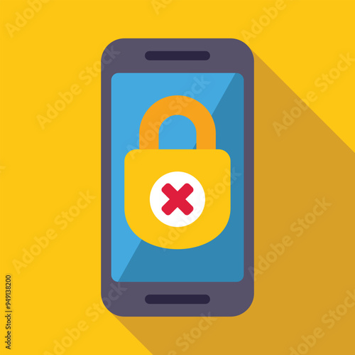 Smartphone is displaying an unlocked padlock with a red cross mark, symbolizing a security breach