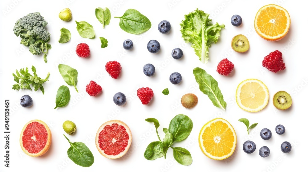 An assortment of vibrant fruits and vegetables laid out beautifully, highlighting their freshness and inviting healthy eating choices An assortment of vibrant fruits and vegetables laid out beautifully, highlighting their freshness and inviting healthy eating choices