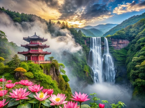 Nachi Falls in the morning overflowing with vibrant lotus flowers, surrounding mist swirling into dragon-shaped clouds. photo