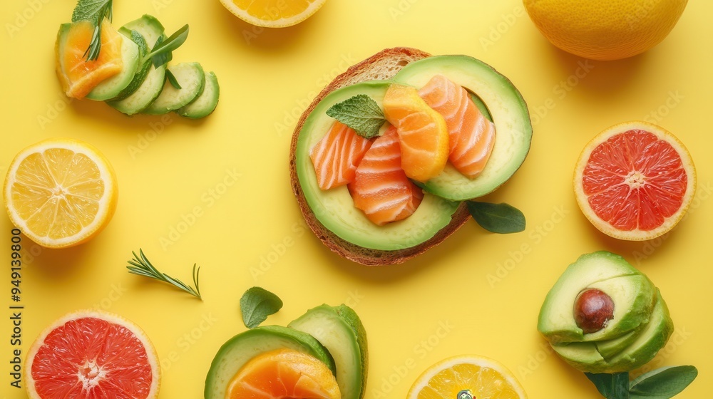 This appealing breakfast features avocado toast with salmon and a variety of fresh citrus fruits set against a bright yellow backdrop. Generative AI This appealing breakfast features avocado toast with salmon and a variety of fresh citrus fruits set against a bright yellow backdrop. Generative AI