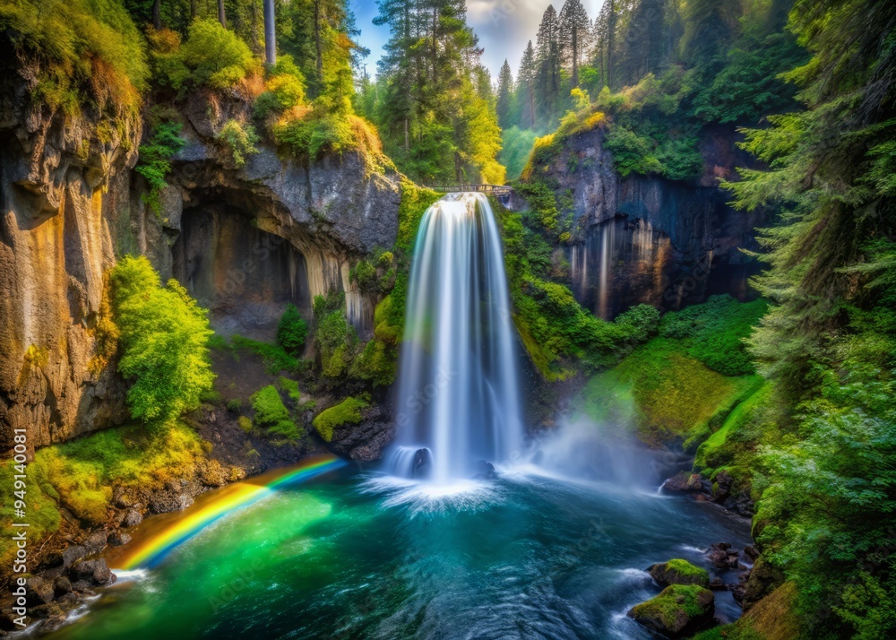 Naklejka premium Toketee Falls after the rain takes on the essence of a shimmering, iridescent peacock's plumage, as the misty veil reveals a kaleidoscope of colors.