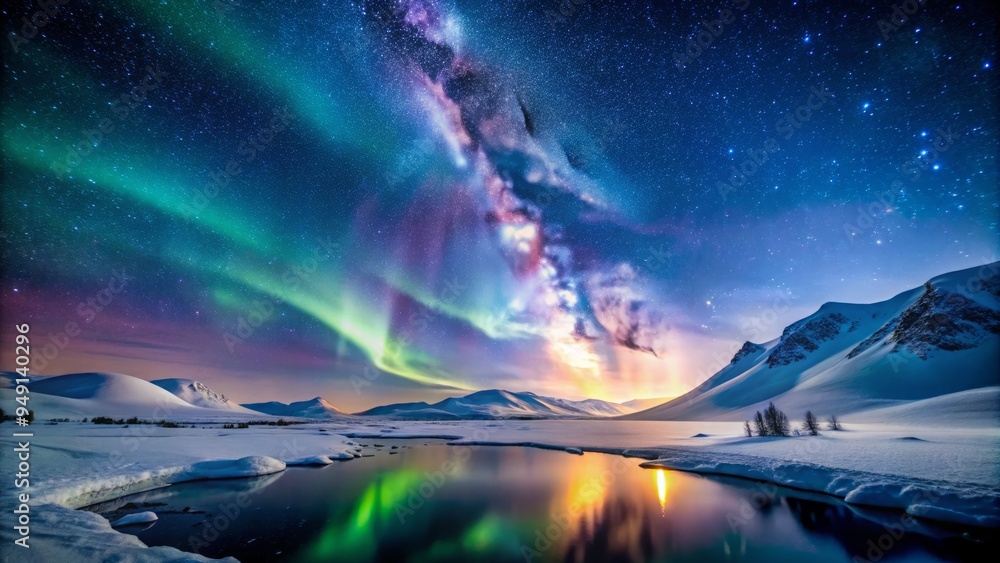 Infinity of light in the Arctic wilderness, where the stars align in harmony in the Arctic landscape. Infinity of light in the Arctic wilderness, where the stars align in harmony in the Arctic landscape.