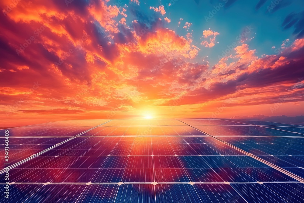 Solar panels under a stunning sunset. This image represents the use of renewable energy and its potential to power the future. Solar panels under a stunning sunset. This image represents the use of renewable energy and its potential to power the future.