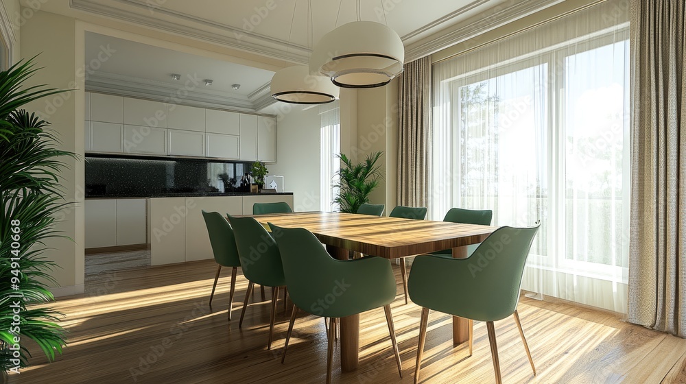 Fototapeta premium Modern dining room with sunlight. This image showcases the modern dining room design with stylish furniture and natural lighting.