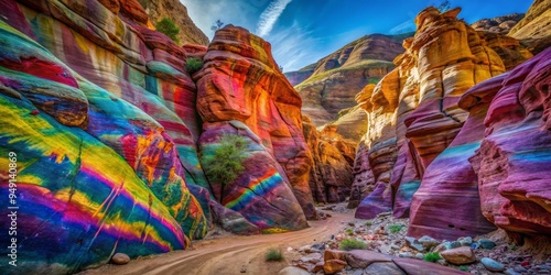 Vibrant canyon geological formations stained with vibrant graffiti, as if ancient civilizations had left their mark in Day-Glo hues