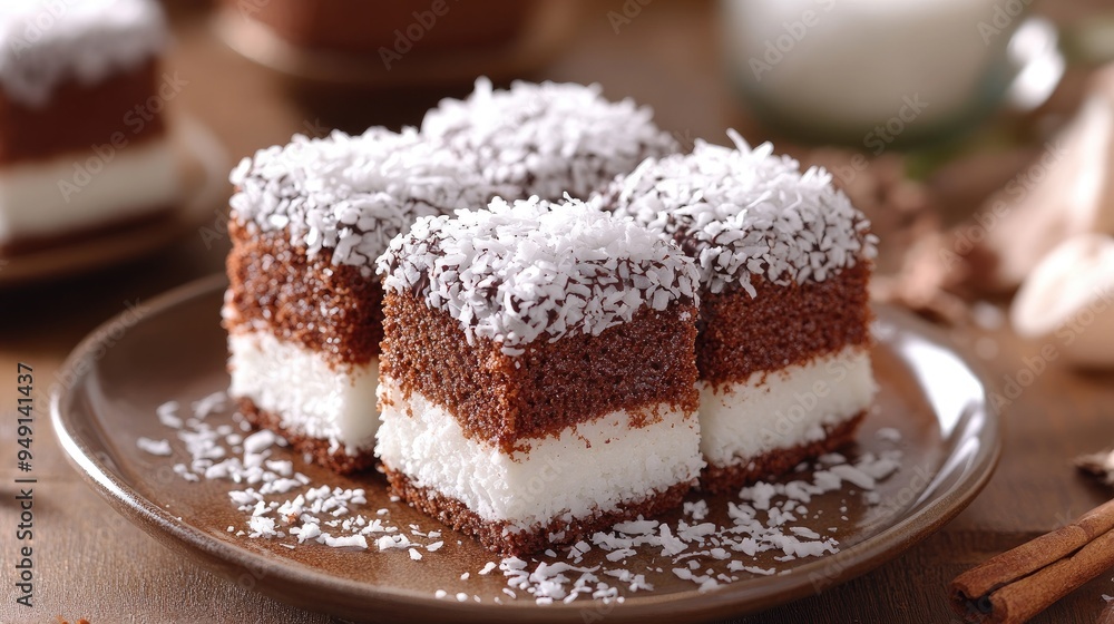 Delicious chocolate cakes topped with coconut flakes. Perfect for illustrating recipes, food blogs, or articles about desserts. Delicious chocolate cakes topped with coconut flakes. Perfect for illustrating recipes, food blogs, or articles about desserts.