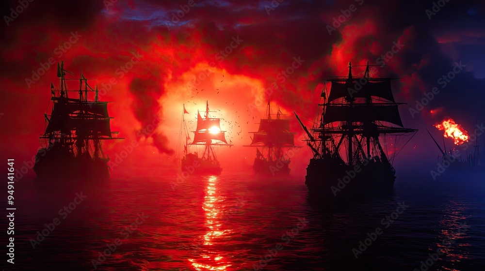 Dramatic scene of ships in fog, illuminated by fiery sunset. The silhouette of a maritime battle creates an intense atmosphere. Dramatic scene of ships in fog, illuminated by fiery sunset. The silhouette of a maritime battle creates an intense atmosphere.