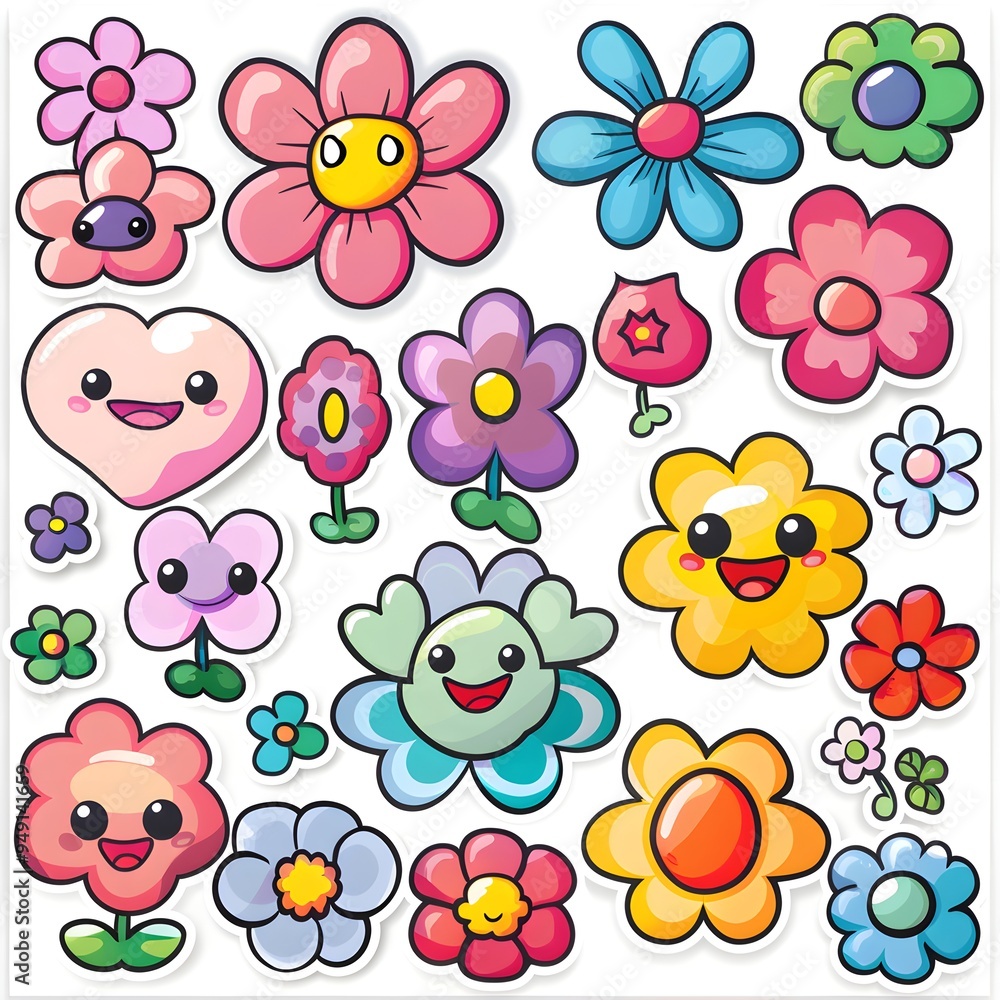 Fototapeta premium sticker set of cute cartoon flowers icon, white background, vector art illustration clipart