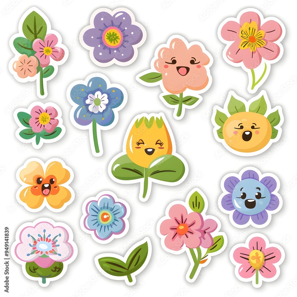 Fototapeta premium sticker set of cute cartoon flowers icon, white background, vector art illustration clipart
