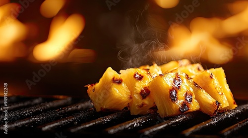 Grilled pineapple pieces emit steam, showcasing a delicious caramelization process over a hot grill, perfect for summer recipes. photo