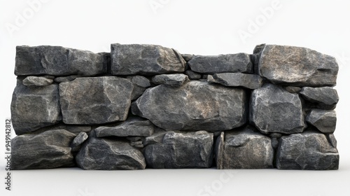 A low stone wall made of irregular shaped rocks, isolated on a white background.