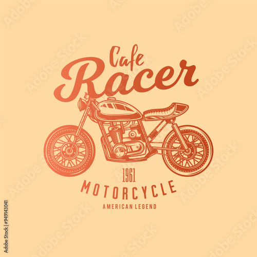 Cafe racer custom motorcycle. Original vector illustration in vintage style isolated on light background. T-shirt design.
