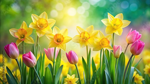 Vibrant yellow daffodils and delicate pink tulips bloom solo against a soft, blurred green background, epitomizing the beauty of isolated spring flowers in full glory. photo