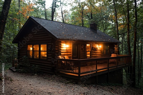 Cozy log cabin nestled in a serene forest, showcasing warm lights and inviting atmosphere for relaxation and retreat.