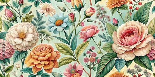 Vintage botanical print design, Whimsical floral splash color palette, Delicate hand-drawn technique, Romantic pastel concept.