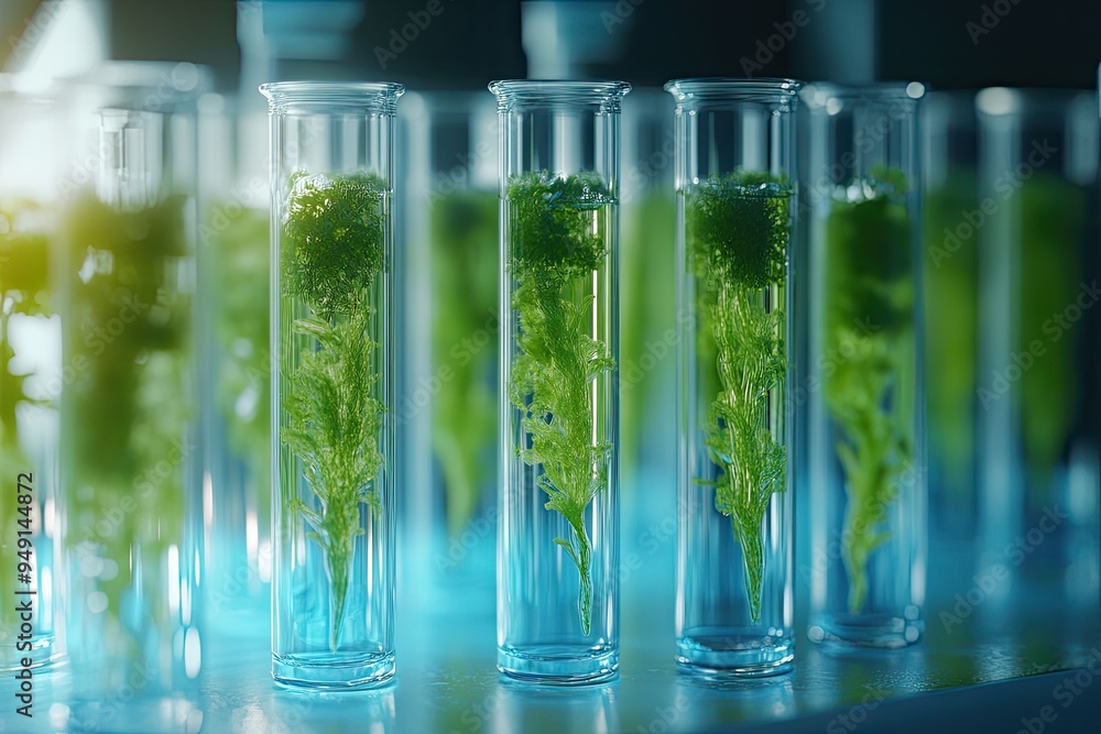 Test tubes with green plants in a lab. The image is perfect for science and biotechnology articles, illustrating research, experiment, or discovery. Test tubes with green plants in a lab. The image is perfect for science and biotechnology articles, illustrating research, experiment, or discovery.