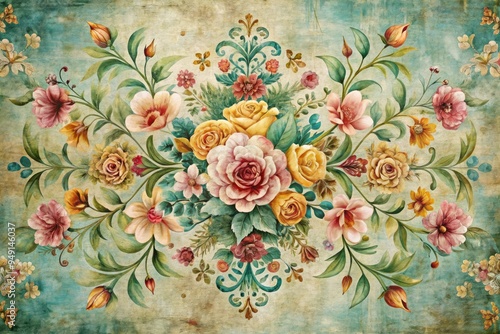 Vintage-inspired floral ornament design distressed watercolor muted colors rustic elegance nostalgia