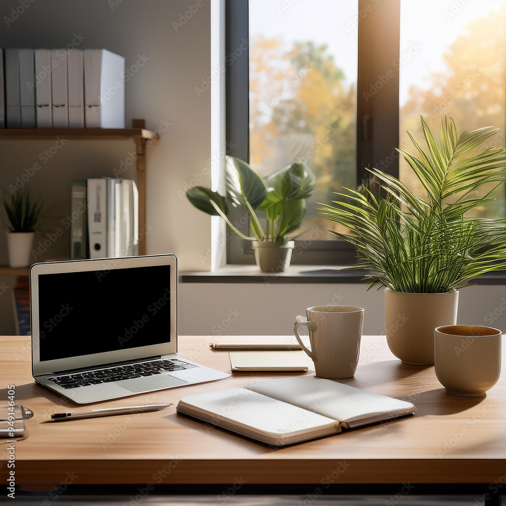 Fototapeta premium Desk Workspace- An image showcasing a neatly arranged desk with a laptop, notebook, pen