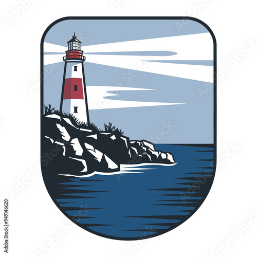 Vector logo design of a lighthouse and an ocean.
