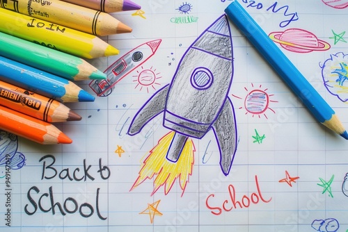 pencil, colored, textbook, rocket, drawn, hand drawn, doodles, classroom, back to school, checked, paper, lettering, quote, text, homework, lecture, boring, student, education, learning, knowledge, ac photo