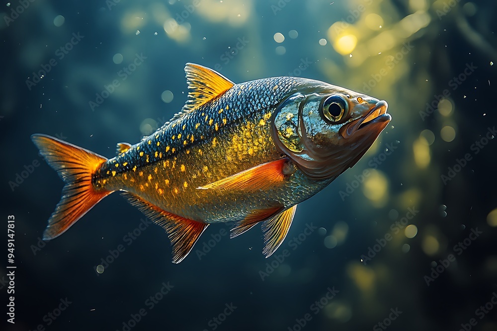 A solitary piranha glides through clear river water, bathed in soft natural light. A solitary piranha glides through clear river water, bathed in soft natural light.