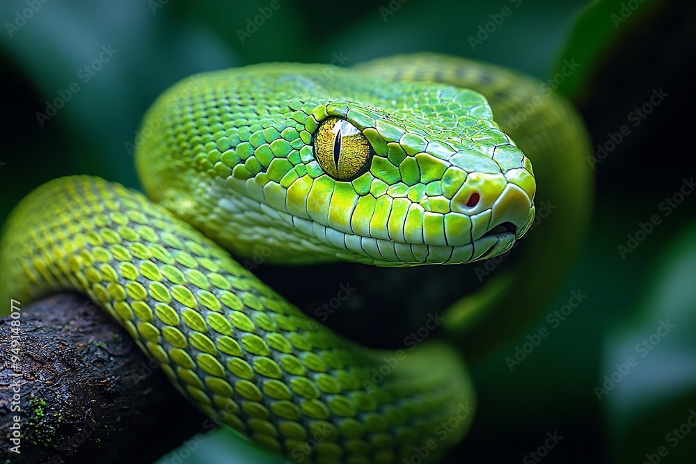 A green mamba coiled around a branch, showcasing its sleek and deadly beauty. A green mamba coiled around a branch, showcasing its sleek and deadly beauty.