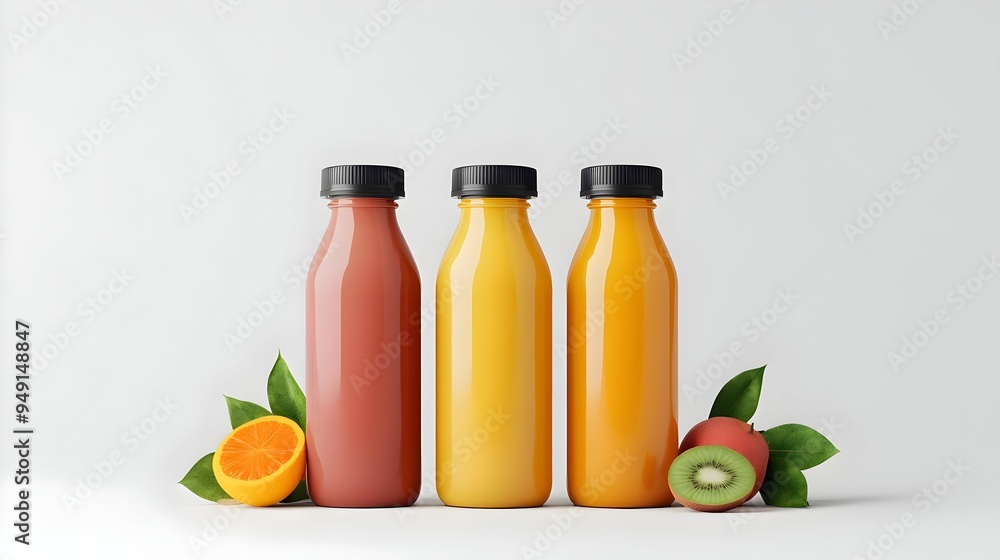 Assortment of fresh fruit juice bottles with citrus and kiwi on white background Assortment of fresh fruit juice bottles with citrus and kiwi on white background