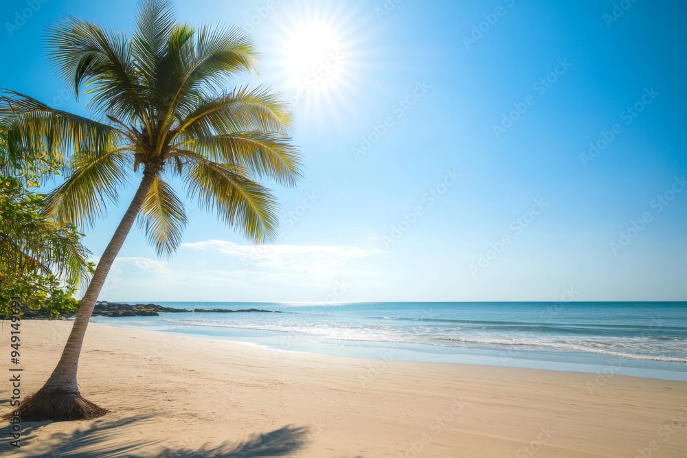 Serene Tropical Beach Scene with Palm Trees, Clear Blue Sky, and Calm Ocean Waves Under the Bright Sun, Perfect for Travel Marketing and Vacation Brochures Serene Tropical Beach Scene with Palm Trees, Clear Blue Sky, and Calm Ocean Waves Under the Bright Sun, Perfect for Travel Marketing and Vacation Brochures