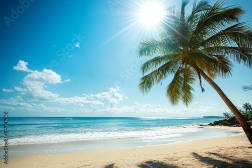 Wallpaper Mural Serene Tropical Beach Scene with Palm Trees, Clear Blue Sky, and Calm Ocean Waves Under the Bright Sun, Perfect for Travel Marketing and Vacation Brochures Torontodigital.ca