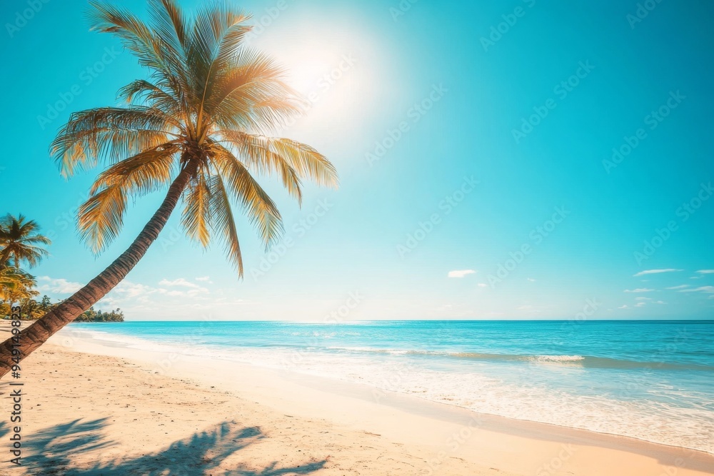 Obraz premium Serene Tropical Beach Scene with Palm Trees, Clear Blue Sky, and Calm Ocean Waves Under the Bright Sun, Perfect for Travel Marketing and Vacation Brochures