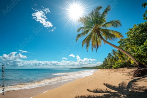 Serene Tropical Beach Scene with Palm Trees, Clear Blue Sky, and Calm Ocean Waves Under the Bright Sun, Perfect for Travel Marketing and Vacation Brochures