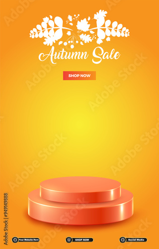 autumn sale discount portait template banner with blank space 3d podium for social media post product sale with abstract gradient orange background design 25