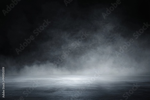 Abstract Dark Background with Smoke and Fog on Empty Concrete Floor, Ideal for Product Presentation or Mockup Template, High-Resolution Panoramic Banner Design