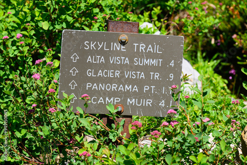 Skyline Trail sign at Mount Rainier National Park with destinations and distance photo