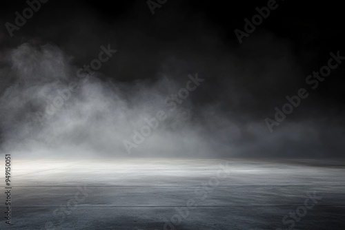 Abstract Dark Background with Smoke and Fog on Empty Concrete Floor, Ideal for Product Presentation or Mockup Template, High-Resolution Panoramic Banner Design photo