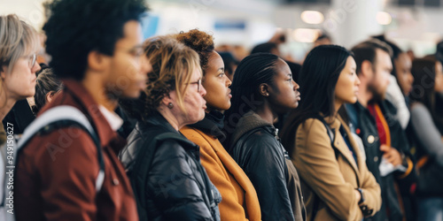  travelers standing in a long queue at an airport security checkpoint, with expressions of impatience and exhaustion