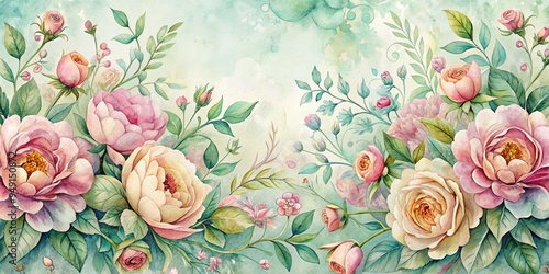 Watercolor floral illustration border ornate art soft mood vintage style delicate technical layered color pastel petals whimsical concept romantic gardens bouquet