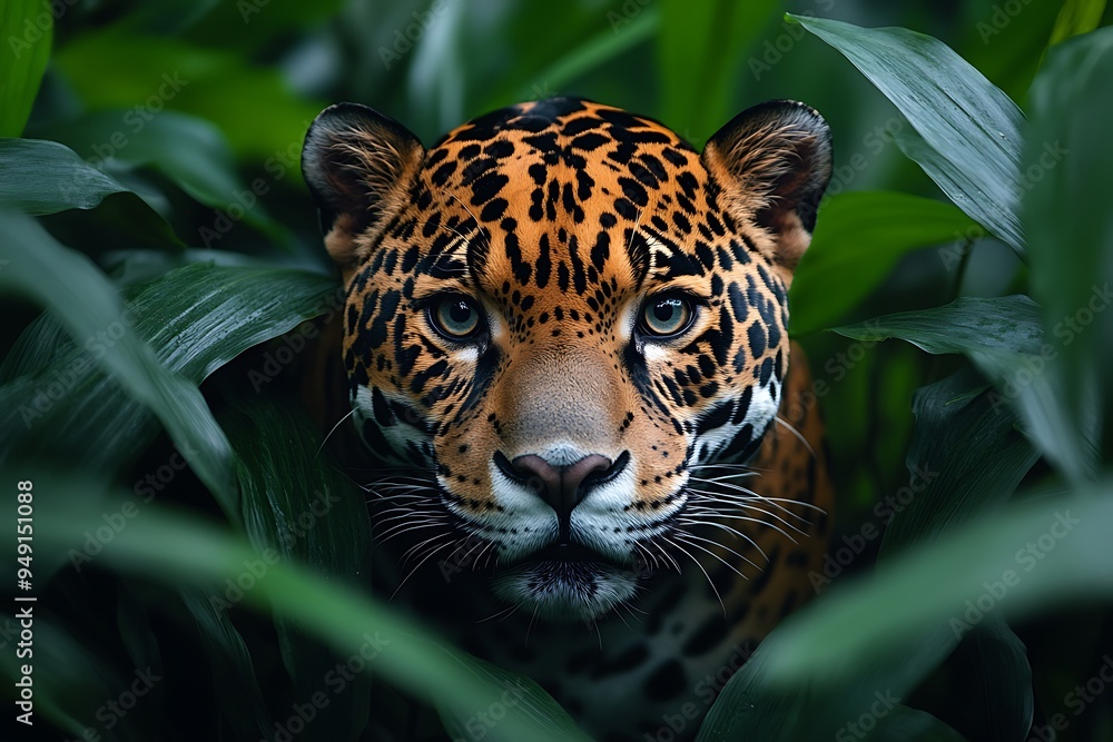 A jaguar's intense gaze pierces through the lush jungle foliage. A jaguar's intense gaze pierces through the lush jungle foliage.