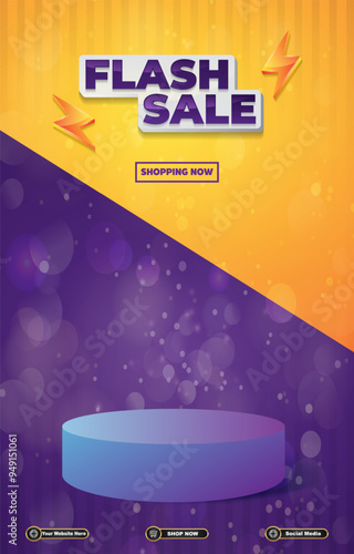 flash sale discount portait template banner with blank space 3d podium for social media post product sale with abstract gradient purple background design11 photo