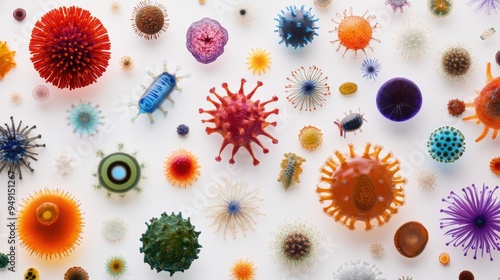 This vibrant collection presents a variety of microbial pathogens, highlighting their unique shapes and colors found in laboratory exploration