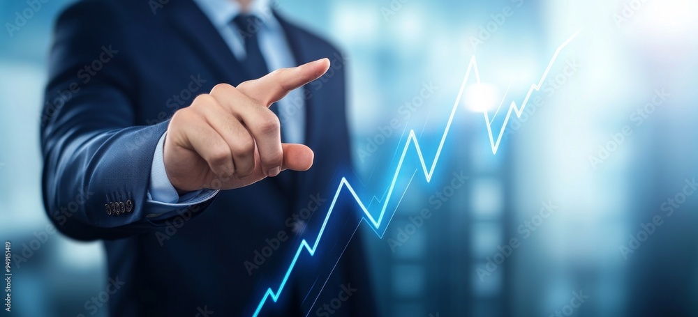Businessman in a Suit Pointing at an Upward-Growing Chart on a Virtual Screen, Representing Stock Market Success and Financial Growth, Captured in a Hyper-Realistic Style with Bright and Soft Lighting Businessman in a Suit Pointing at an Upward-Growing Chart on a Virtual Screen, Representing Stock Market Success and Financial Growth, Captured in a Hyper-Realistic Style with Bright and Soft Lighting