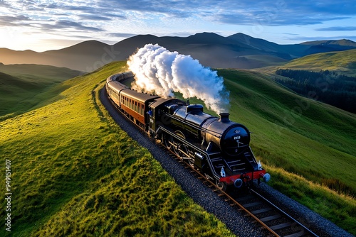 Steam train chugging through a misty countryside, captured in a photo where the train's powerful engine pushes through rolling hills, with steam billowing in the morning light photo