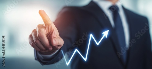 Businessman in a Suit Pointing at an Upward-Growing Chart on a Virtual Screen, Representing Stock Market Success and Financial Growth, Captured in a Hyper-Realistic Style with Bright and Soft Lighting