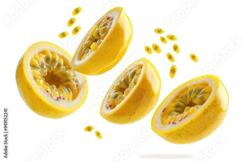 Floating sliced yellow passion fruit isolated on white background