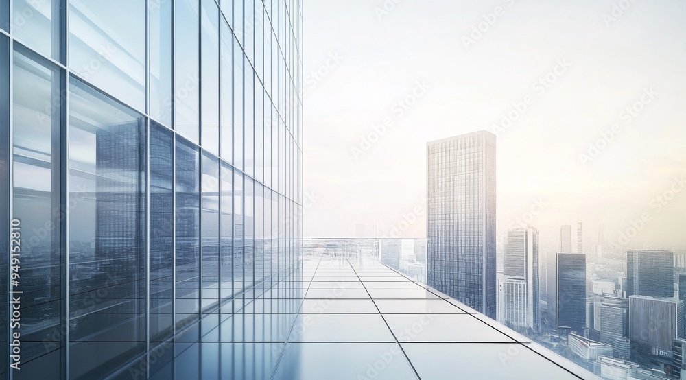 Naklejka premium Panoramic view of a modern office building with glass walls and contemporary architecture against a cityscape, featuring clear skies and soft lighting for a futuristic feel.
