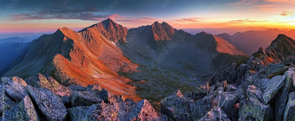 Obraz premium Panoramic view of the Tatra Mountains at sunset, showcasing rugged peaks, craggy cliffs, and dramatic rocky terrain.
