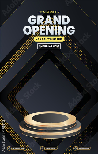 grand opening sale discount portait template banner with blank space 3d podium for social media post product sale with abstract gradient black background design29