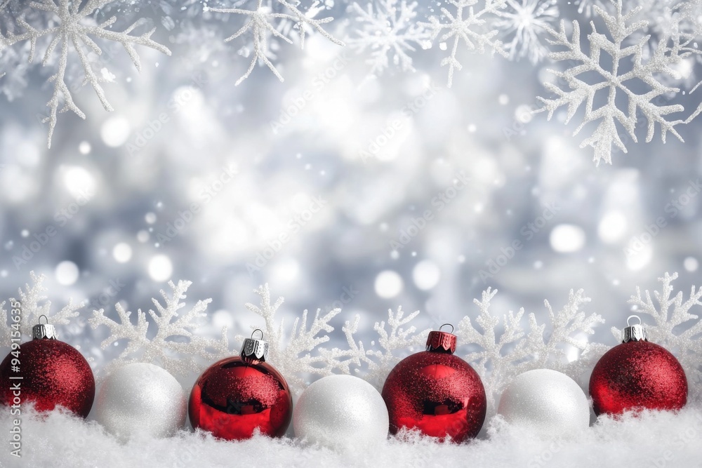 Festive Christmas backdrop with red ornaments and white snowflakes on a blurred silver background, featuring delicate frost and symmetrical design for a magical holiday atmosphere. Festive Christmas backdrop with red ornaments and white snowflakes on a blurred silver background, featuring delicate frost and symmetrical design for a magical holiday atmosphere.