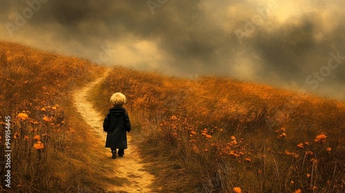 Lonely Path: A solitary figure walks along a winding path through a field of wildflowers, under a dramatic, stormy sky. The image evokes a sense of introspection, contemplation, and the journey of lif photo